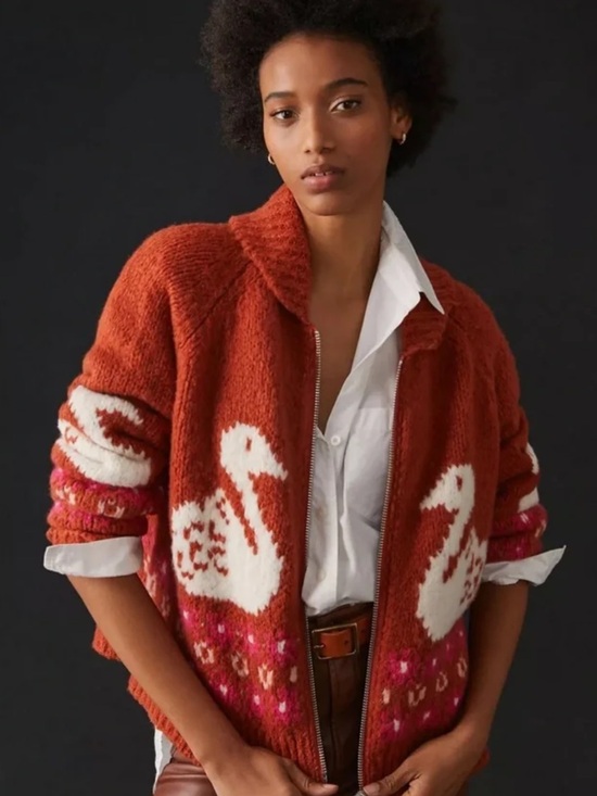 Anthropologie Sweaters - Anthropologie Swan Intarsia Zip Cardigan Rust Wool Blend Novelty Sweater Jacket